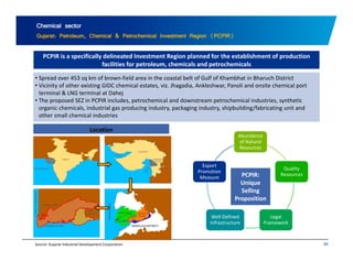 Chemical sector 
Gujarat: Petroleum, Chemical & Petrochemical Investment Region (PCPIR) 
PCPIR is a specifically delineated Investment Region planned for the establishment of production 
facilities for petroleum, chemicals and petrochemicals 
• Spread over 453 sq km of brown‐field area in the coastal belt of Gulf of Khambhat in Bharuch District 
Vi i it f • Vicinity of other existing GIDC chemical estates, viz. Jhagadia, Ankleshwar, Panoli and onsite chemical port 
terminal & LNG terminal at Dahej 
• The proposed SEZ in PCPIR includes, petrochemical and downstream petrochemical industries, synthetic 
organic chemicals, industrial gas producing industry, packaging industry, shipbuilding/fabricating unit and 
other small chemical industries 
Abundance 
of Natural 
Resources 
Location 
Quality 
Resources 
Export 
Promotion 
Measure PCPIR: 
Unique 
Legal 
Selling 
Proposition 
F k 
Well Defined 
I f t t 
80 
Infrastructure Framework 
Source: Gujarat Industrial Development Corporation 
 