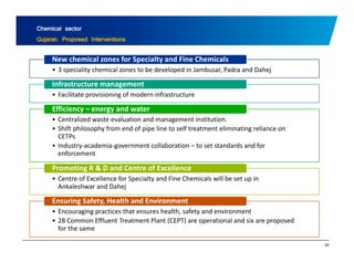 Chemical sector 
Gujarat: Proposed Interventions 
New chemical zones for Specialty and Fine Chemicals 
• 3 speciality chemical zones to be developed in Jambusar, Padra and Dahej 
Infrastructure management 
• Facilitate provisioning of modern infrastructure 
Efficiency – energy and water 
• Centralized waste management institution 
evaluation and institution. 
• Shift philosophy from end of pipe line to self treatment eliminating reliance on 
CETPs 
• Industry‐academia‐government collaboration – to set standards and for 
enforcement 
Promoting R & D and Centre of Excellence 
• Centre of Excellence for Specialty and Fine Chemicals will be set up in 
Ankaleshwar and Dahej 
Ensuring Safety, Health and Environment 
• Encouraging practices that ensures health, safety and environment 
• 28 Common Effluent Treatment Plant (CEPT) 86 
are operational and six are proposed 
for the same 
 