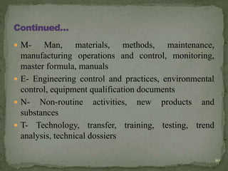  M- Man, materials, methods, maintenance,
manufacturing operations and control, monitoring,
master formula, manuals
 E- Engineering control and practices, environmental
control, equipment qualification documents
 N- Non-routine activities, new products and
substances
 T- Technology, transfer, training, testing, trend
analysis, technical dossiers
10
 