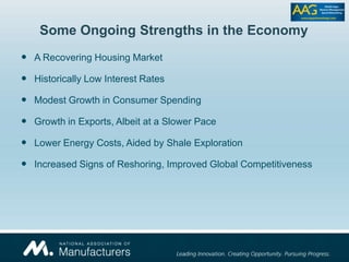 Some Ongoing Strengths in the Economy
 A Recovering Housing Market
 Historically Low Interest Rates
 Modest Growth in Consumer Spending
 Growth in Exports, Albeit at a Slower Pace
 Lower Energy Costs, Aided by Shale Exploration
 Increased Signs of Reshoring, Improved Global Competitiveness
 