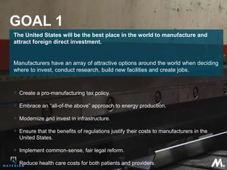 GOAL 1
The United States will be the best place in the world to manufacture and
attract foreign direct investment.
Manufacturers have an array of attractive options around the world when deciding
where to invest, conduct research, build new facilities and create jobs.
 Create a pro-manufacturing tax policy.
 Embrace an “all-of-the above” approach to energy production.
 Modernize and invest in infrastructure.
 Ensure that the benefits of regulations justify their costs to manufacturers in the
United States.
 Implement common-sense, fair legal reform.
 Reduce health care costs for both patients and providers.
 