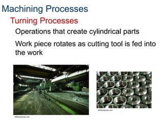 Turning Processes
Operations that create cylindrical parts
Work piece rotates as cutting tool is fed into
the work
Machining Processes
©iStockphoto.com
©iStockphoto.com
 