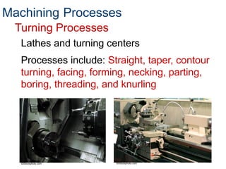Turning Processes
Lathes and turning centers
Processes include: Straight, taper, contour
turning, facing, forming, necking, parting,
boring, threading, and knurling
Machining Processes
©iStockphoto.com ©iStockphoto.com
 