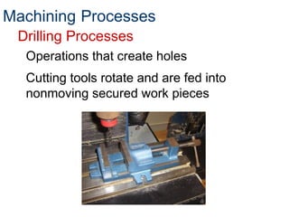 Drilling Processes
Operations that create holes
Cutting tools rotate and are fed into
nonmoving secured work pieces
Machining Processes
 