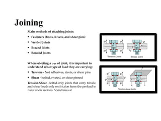 Main methods of attaching joints:
• Fasteners (Bolts, Rivets, and shear pins)
• Welded Joints
• Brazed Joints
• Bonded Joints
When selecting a type of joint, it is important to
understand what type of load they are carrying:
• Tension – Not adhesives, rivets, or shear pins
• Shear - bolted, riveted, or shear pinned
Tension-Shear -Bolted-only joints that carry tensile,
and shear loads rely on friction from the preload to
resist shear motion. Sometimes at
Joining
 