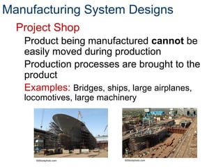 Manufacturing System Designs
Project Shop
Product being manufactured cannot be
easily moved during production
Production processes are brought to the
product
Examples: Bridges, ships, large airplanes,
locomotives, large machinery
©iStockphoto.com ©iStockphoto.com
 