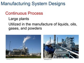 Manufacturing System Designs
Continuous Process
Large plants
Utilized in the manufacture of liquids, oils,
gases, and powders
©iStockphoto.com ©iStockphoto.com
 