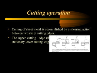 Cutting operation
• Cutting of sheet metal is accomplished by a shearing action
between two sharp cutting edges.
• The upper cutting edge (the punch) sweeps down past a
stationary lower cutting edge(the die).
 