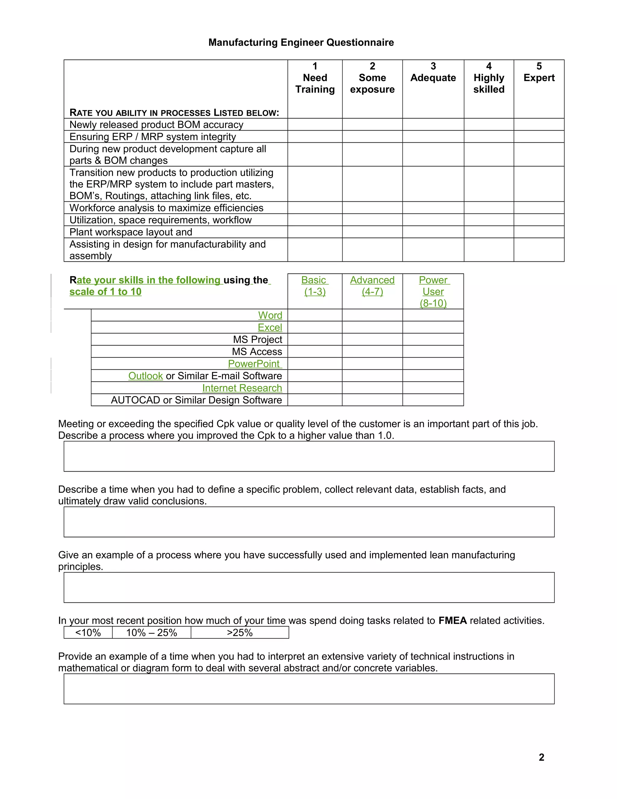 Manufacturing engineer questionnaire | PDF