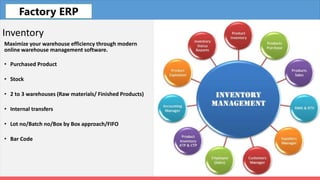 Fleet
Inventory
Maximize your warehouse efficiency through modern
online warehouse management software.
• Purchased Product
• Stock
• 2 to 3 warehouses (Raw materials/ Finished Products)
• Internal transfers
• Lot no/Batch no/Box by Box approach/FIFO
• Bar Code
Factory ERP
 