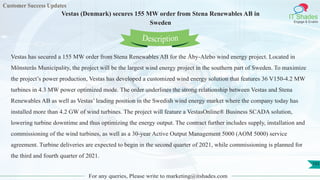 Customer Success Updates
IT Shades
Engage & Enable
Vestas (Denmark) secures 155 MW order from Stena Renewables AB in
Sweden
For any queries, Please write to marketing@itshades.com
103
Vestas has secured a 155 MW order from Stena Renewables AB for the Åby-Alebo wind energy project. Located in
Mönsterås Municipality, the project will be the largest wind energy project in the southern part of Sweden. To maximize
the project’s power production, Vestas has developed a customized wind energy solution that features 36 V150-4.2 MW
turbines in 4.3 MW power optimized mode. The order underlines the strong relationship between Vestas and Stena
Renewables AB as well as Vestas’ leading position in the Swedish wind energy market where the company today has
installed more than 4.2 GW of wind turbines. The project will feature a VestasOnline® Business SCADA solution,
lowering turbine downtime and thus optimizing the energy output. The contract further includes supply, installation and
commissioning of the wind turbines, as well as a 30-year Active Output Management 5000 (AOM 5000) service
agreement. Turbine deliveries are expected to begin in the second quarter of 2021, while commissioning is planned for
the third and fourth quarter of 2021.
Description
 