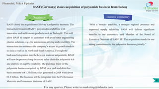 Lorem
ipsum
dolor sit
amet,
consec-
tetuer
Financial, M&A Updates
IT Shades
Engage & Enable
BASF (Germany) closes acquisition of polyamide business from Solvay
BASF closed the acquisition of Solvay’s polyamide business. The
transaction broadens BASF’s polyamide capabilities with
innovative and well-known products such as Technyl®. This will
allow BASF to support its customers with even better engineering
plastics solutions, e.g., for autonomous driving and e-mobility. The
transaction also enhances the company’s access to growth markets
in Asia as well as in North and South America. Through the
backward integration into the key raw material adiponitrile, BASF
will now be present along the entire value chain for polyamide 6.6
and improve its supply reliability. The purchase price for the
polyamide business acquired by BASF on a cash and debt-free
basis amounts to €1.3 billion; sales generated in 2018 were about
€1.0 billion. The business will be integrated into the Performance
Materials and Monomers divisions of BASF.
Executive Commentary
“With a broader portfolio, a stronger regional presence and
improved supply reliability BASF will deliver significant
benefits to our customers, said Member of the Board of
Executive Directors of BASF SE. The acquisition stands for our
strong commitment to the polyamide business globally.”
For any queries, Please write to marketing@itshades.com
Description
8
 