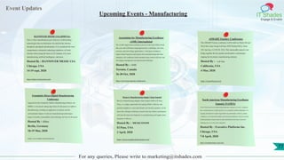 Event Updates
IT Shades
Engage & Enable
For any queries, Please write to marketing@itshades.com
Upcoming Events - Manufacturing
HANNOVER MESSE USA (HMUSA)
This is where manufacturers go to discover world-leading
technologies that can help them win amid all the industry
disruption and digital transformation. It is considered the most
comprehensive industrial technology tradeshow in North
America showcasing the latest in IoT, Industry 4.0, smart
manufacturing, artificial intelligence, and more.
Hosted By : HANNOVER MESSE USA
Chicago, USA
14-19 sept, 2020
https://hannovermesseusa.com/
Association for Manufacturing Excellence
(AME) International
The world's largest lean conference moves to the Great White North
this year, and will feature inspiring keynotes, workshops, site tours,
sessions, and networking opportunities. Catering to continuous
improvement beginners and experts from manufacturing and other
industries, the conference helps attendees keep current with new and
developing management and operational techniques.
Hosted By : AME
Toronto, Canada
26-30 Oct, 2020
https://www.ame.org/ame-conferences
eSMART Factory Conference
The eSMART Factory conference will be held on March 4th and
5th at the Comet Group Lab One, 3055 Orchard Drive, Suite
150, San Jose, CA 95134, USA. This unmissable annual event
brings together the key people and disruptive technologies
shaping the electronics manufacturing industry.
Hosted By : Lab One
California, USA
4 Mar, 2020
https://esmartfactory.net/
Fraunhofer Direct Digital Manufacturing
Conference
Organized by the Fraunhofer Additive Manufacturing Alliance, the
DDMC is a bi-annual cutting-edge forum for discussion on Additive
Manufacturing, including its application in industry and the
environmental impact of such new manufacturing technologies.
Impact on health, sustainability and technology will also be discussed.
Hosted By : ddmc
Berlin, Germany
18-19 Mar, 2020
https://www.ddmc-fraunhofer.de/
Mexico's Manufacturing Supply Chain Summit
Mexico's Manufacturing Supply Chain Summit 2020 at El Paso,
Texas, is a unique opportunity for leading OEMs in Mexico and
potential suppliers to meet and identify new business partners. At the
same time, through conference sessions and case studies, participants
will learn the latest developments in manufacturing and supply chain
dynamics in Mexico.
Hosted By : MEXICONOW
El Paso, USA
2 April, 2020
https://mexicosupplychainsummit.com/
North American Manufacturing Excellence
Summit (NAMES)
As the North American manufacturing landscape continues to evolve, companies
face constant pressure to adapt and grow in a competitive global marketplace. An
ongoing commitment to improving productivity, performance, delivery, quality,
compliance, environmental footprint, and customer satisfaction is the new normal.
Understanding the unique solutions other manufacturers develop to universal
challenges has never been more important.
Hosted By : Executive Platforms Inc.
Chicago, USA
7-8 April, 2020
https://manufacturing-event.com/
77
 