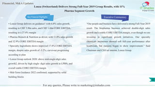 Financial, M&A Updates
IT Shades
Engage & Enable
Lonza (Switzerland) Delivers Strong Full-Year 2019 Group Results, with 11%
Pharma Segment Growth
• Lonza Group delivers on guidance1 with 6.8% sales growth,
resulting in CHF 5.9bn sales, and CHF 1.6bn CORE EBITDA,
resulting in a 27.4% margin
• Pharma Biotech & Nutrition as driver, with 11.0% sales growth
and 32.9% CORE EBITDA margin
• Specialty Ingredients shows improved 17.8% CORE EBITDA
margin, despite sales growth of -3.2%; carve-out progressing
according to plan
• Lonza Group outlook 2020: above mid-single-digit sales
growth2, driven by high single- digit sales growth in LPBN, and
overall stable CORE EBITDA margin
• Mid-Term Guidance 2022 confirmed, supported by solid
building blocks
Executive Commentary
“Our people and business have delivered a strong Full-Year 2019
result. The biopharma business achieved double-digit sales
growth and a stable CORE EBITDA margin, even though we are
investing in significant growth initiatives. Our specialty
chemicals businesses showed soft full-year performance after
headwinds, but margins began to show improvement.” Said
Chairman and CEO ad interim, Lonza Group.
For any queries, Please write to marketing@itshades.com
22
Key Financial Highlights
 
