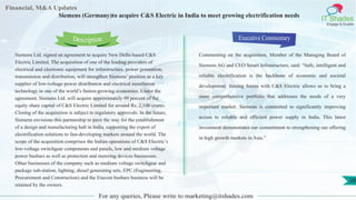 Lorem
ipsum
dolor sit
amet,
consec-
tetuer
Financial, M&A Updates
IT Shades
Engage & Enable
Siemens (Germany)to acquire C&S Electric in India to meet growing electrification needs
Siemens Ltd. signed an agreement to acquire New Delhi-based C&S
Electric Limited. The acquisition of one of the leading providers of
electrical and electronic equipment for infrastructure, power generation,
transmission and distribution, will strengthen Siemens’ position as a key
supplier of low-voltage power distribution and electrical installation
technology in one of the world’s fastest-growing economies. Under the
agreement, Siemens Ltd. will acquire approximately 99 percent of the
equity share capital of C&S Electric Limited for around Rs. 2,100 crores.
Closing of the acquisition is subject to regulatory approvals. In the future,
Siemens envisions this partnership to pave the way for the establishment
of a design and manufacturing hub in India, supporting the export of
electrification solutions to fast-developing markets around the world. The
scope of the acquisition comprises the Indian operations of C&S Electric’s
low-voltage switchgear components and panels, low and medium voltage
power busbars as well as protection and metering devices businesses.
Other businesses of the company such as medium voltage switchgear and
package sub-station, lighting, diesel generating sets, EPC (Engineering,
Procurement and Construction) and the Etacom busbars business will be
retained by the owners.
Executive Commentary
Commenting on the acquisition, Member of the Managing Board of
Siemens AG and CEO Smart Infrastructure, said: “Safe, intelligent and
reliable electrification is the backbone of economic and societal
development. Joining forces with C&S Electric allows us to bring a
more comprehensive portfolio that addresses the needs of a very
important market. Siemens is committed to significantly improving
access to reliable and efficient power supply in India. This latest
investment demonstrates our commitment to strengthening our offering
in high growth markets in Asia.”
For any queries, Please write to marketing@itshades.com
Description
28
 