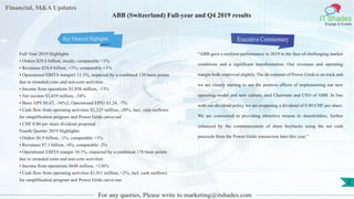 Financial, M&A Updates
IT Shades
Engage & Enable
ABB (Switzerland) Full-year and Q4 2019 results
Full-Year 2019 Highlights
• Orders $28.6 billion, steady; comparable +1%
• Revenues $28.0 billion, +1%; comparable +1%
• Operational EBITA margin1 11.1%, impacted by a combined 130 basis points
due to stranded costs and non-core activities
• Income from operations $1,938 million, -13%
• Net income $1,439 million, -34%
• Basic EPS $0.67, -34%2; Operational EPS1 $1.24, -7%
• Cash flow from operating activities $2,325 million, -20%, incl. cash outflows
for simplification program and Power Grids carve-out
• CHF 0.80 per share dividend proposed
Fourth Quarter 2019 Highlights
• Orders $6.9 billion, -1%; comparable +1%
• Revenues $7.1 billion, -4%; comparable -2%
• Operational EBITA margin 10.1%, impacted by a combined 170 basis points
due to stranded costs and non-core activities
• Income from operations $648 million, +136%
• Cash flow from operating activities $1,911 million, +2%, incl. cash outflows
for simplification program and Power Grids carve-out
Executive Commentary
“ABB gave a resilient performance in 2019 in the face of challenging market
conditions and a significant transformation. Our revenues and operating
margin both improved slightly. The divestment of Power Grids is on track and
we are clearly starting to see the positive effects of implementing our new
operating model and new culture, said Chairman and CEO of ABB. In line
with our dividend policy we are proposing a dividend of 0.80 CHF per share.
We are committed to providing attractive returns to shareholders, further
enhanced by the commencement of share buybacks using the net cash
proceeds from the Power Grids transaction later this year.”
For any queries, Please write to marketing@itshades.com
2
Key Financial Highlights
 