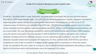 R & R Updates
IT Shades
Engage & Enable
Ecolab (USA) Named to Bloomberg Gender-Equality Index
For any queries, Please write to marketing@itshades.com
63
Ecolab Inc., the global leader in water, food safety and public health technologies and services, has been named to
Bloomberg’s 2020 Gender-Equality Index. The GEI tracks the financial performance of public companies committed to
supporting gender equality through policy development, representation and transparency. Ecolab is one of 325
companies across 50 industries to be included in the 2020 index. The GEI measures gender equality across five pillars:
female leadership and talent pipeline, equal pay and gender pay parity, inclusive culture, sexual harassment policies, and
pro-women brand. This year, Bloomberg expanded the eligibility for inclusion in the index to nearly 6,000 companies
across 84 countries and regions. The GEI expanded in 2020 to represent 84 countries and regions and a variety of
industries, including automotive, banking, consumer services, engineering and construction, and retail. Through
disclosure of gender-related metrics using the GEI framework, the firms included in the 2020 GEI have provided a
comprehensive look at their investment in workplace gender equality and the communities in which they operate.
Ecolab was included in this year’s index for scoring at or above a global threshold established by Bloomberg to reflect a
high level of disclosure and overall performance across the framework’s five pillars.
R&R Description
 