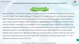 R & R Updates
IT Shades
Engage & Enable
Ingersoll Rand (Ireland) Named One of the World’s Most Admired Companies by FORTUNE
For any queries, Please write to marketing@itshades.com
67
Ingersoll-Rand plc, a world leader in creating comfortable, sustainable and efficient environments, has been named
one of the “World’s Most Admired Companies” by Fortune for the eighth consecutive year. Developed annually by
FORTUNE Magazine and the Korn Ferry Hay Group, the World’s Most Admired Companies list is the definitive
report card on corporate reputation. To determine the best-regarded companies in 52 industries, Korn Ferry asked
executives, directors, and analysts to rate enterprises in their own industry on nine criteria, from investment value
and quality of management and products to social responsibility and ability to attract talent. In April 2019, Ingersoll
Rand announced that it would spin off and merge its Industrial segment with Gardner Denver to create a global
industrial leader, expected to be called Ingersoll Rand. The remaining company, a global climate innovator, will be
named Trane Technologies and is expected to trade on the New York Stock Exchange under the ticker “TT.” The
transaction is expected to close in early 2020.
R&R Description
 