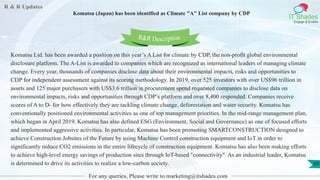 R & R Updates
IT Shades
Engage & Enable
Komatsu (Japan) has been identified as Climate "A" List company by CDP
For any queries, Please write to marketing@itshades.com
69
Komatsu Ltd. has been awarded a position on this year’s A List for climate by CDP, the non-profit global environmental
disclosure platform. The A-List is awarded to companies which are recognized as international leaders of managing climate
change. Every year, thousands of companies disclose data about their environmental impacts, risks and opportunities to
CDP for independent assessment against its scoring methodology. In 2019, over 525 investors with over US$96 trillion in
assets and 125 major purchasers with US$3.6 trillion in procurement spend requested companies to disclose data on
environmental impacts, risks and opportunities through CDP’s platform and over 8,400 responded. Companies receive
scores of A to D- for how effectively they are tackling climate change, deforestation and water security. Komatsu has
conventionally positioned environmental activities as one of top management priorities. In the mid-range management plan,
which began in April 2019, Komatsu has also defined ESG (Environment, Social and Governance) as one of focused efforts
and implemented aggressive activities. In particular, Komatsu has been promoting SMARTCONSTRUCTION designed to
achieve Construction Jobsites of the Future by using Machine Control construction equipment and IoT in order to
significantly reduce CO2 emissions in the entire lifecycle of construction equipment. Komatsu has also been making efforts
to achieve high-level energy savings of production sites through IoT-based "connectivity". As an industrial leader, Komatsu
is determined to drive its activities to realize a low-carbon society.
R&R Description
 