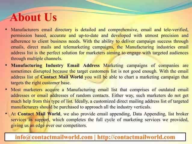 Manufacturing industry email address | PPTX | Email | Internet