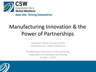 Manufacturing Innovation & the
   Power of Partnerships
          Jeannine La Prad, President & CEO
          Corporation for a Skilled Workforce

      TA3 Meeting on the Future of Manufacturing:
         Implications for Education and Training
                    October 1, 2012
 