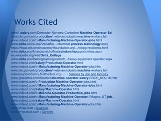 www1.salary.com/Computer-Numeric-Controlled-Machine-Operator-Sal
www.bls.gov/ooh/production/metal-and-plastic-machine-workers.htm
www.indeed.com/q-Manufacturing-Machine-Operator-jobs.html
www.delta.edu/audiencepaths/.../chemical-process-technology.aspx
https://www.wisconsincovenantfoundation.org/.../wwpg-recipients.html
www.delta.edu/financial-aid-office/scholarshipopportunities.aspx
en.wikipedia.org/wiki/Delta_College
www.delta.edu/lifelonglearningcontent/.../heavy equipment operator.aspx
www.indeed.com/salary/Production-Operator.html
www.indeed.com/q-Manufacturing-Machine-Operator-jobs.htm
www.bls.gov/ooh/production/metal-and-plastic-machine-workers.htm
salaries-job-industry.findthedata.org › ... › Salaries by Job and Industry
www.glassdoor.com/Salaries/machine-operator-salary-SRCH_KO0,16.htm
www.indeed.com/q-Production-Machine-Operator-jobs.html
www.indeed.com/q-Manufacturing-Machine-Operator-jobs.html
www.indeed.com/salary/Machine-Operator.html
www.indeed.com/q-Machine-Operator-Production-jobs.html
www.indeed.com/q-Manufacturing-Machine-Operator-l-Magna,-UT-job..
www.indeed.com/salary/Machine-Operator.html
www.indeed.com/q-Manufacturing-Machine-Operator-jobs.html
www.ehow.com › Business
www.mypursuit.com › Careers
Works Cited
 