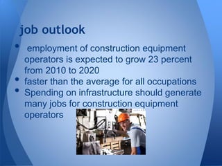 • employment of construction equipment
operators is expected to grow 23 percent
from 2010 to 2020
• faster than the average for all occupations
• Spending on infrastructure should generate
many jobs for construction equipment
operators
job outlook
 