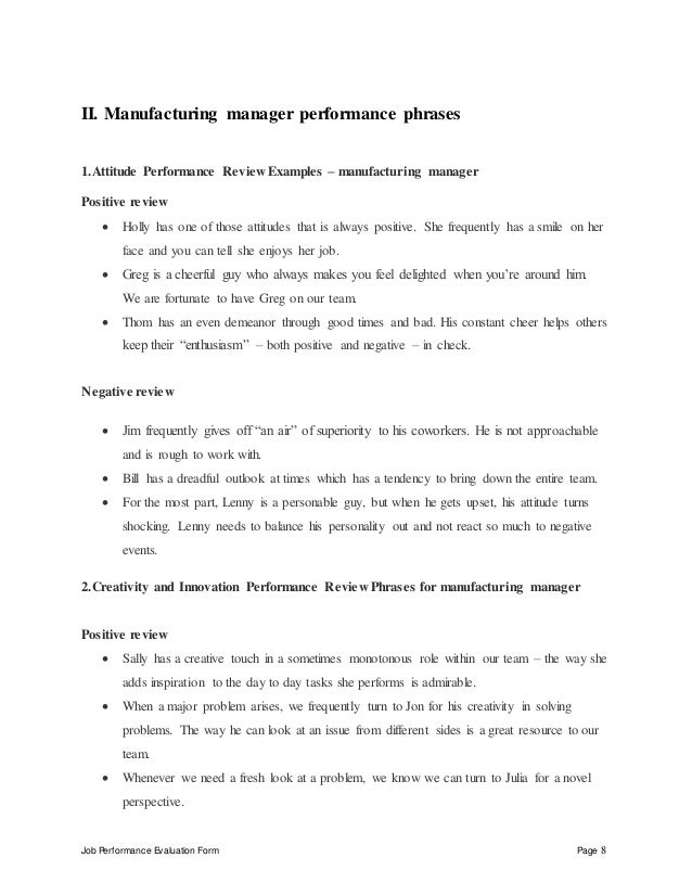 manufacturing manager performance appraisal manufacturing manager job description sample