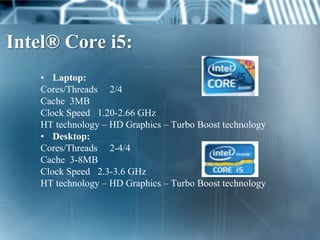 Intel® Core i5:
    • Laptop:
    Cores/Threads 2/4
    Cache 3MB
    Clock Speed 1.20-2.66 GHz
    HT technology – HD Graphics – Turbo Boost technology
    • Desktop:
    Cores/Threads 2-4/4
    Cache 3-8MB
    Clock Speed 2.3-3.6 GHz
    HT technology – HD Graphics – Turbo Boost technology
 