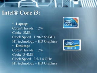 Intel® Core i3:
    • Laptop:
    Cores/Threads 2/4
    Cache 3MB
    Clock Speed 1.20-2.66 GHz
    HT technology – HD Graphics
    • Desktop:
    Cores/Threads 2/4
    Cache 3-4MB
    Clock Speed 2.5-3.4 GHz
    HT technology – HD Graphics
 