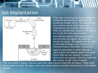 Ion Implantation
                                                 First a gas containing the desired dopant is
                                                 ionized by bombarding it with electrons,
                                                 producing charged atoms. This process will
                                                 also produce ions of other types, are
                                                 screened out. By carefully adjusting the
                                                 field, the desired ions are given the correct
                                                 arc to exit the mass spectrometer.
                                                 Ions that are heavier will curve too wide
                                                 and ions that are lighter will curve too
                                                 sharply to escape. The dopant ions are then
                                                 accelerated through a very strong electric
                                                 field and fired at the wafer. A patterned
                                                 layer of photoresist or other material is
                                                 used to block the dopant atoms from areas
                                                 where they are not needed. In areas of
                                                 silicon that are exposed, the ions crash into
                                                 the surface at high rates of speeds.
The total dose of dopant depends upon how many ions are fired into the silicon. Wafer must
be annealed to allow the doper atoms and silicon atoms to position themselves in their proper
places.
 