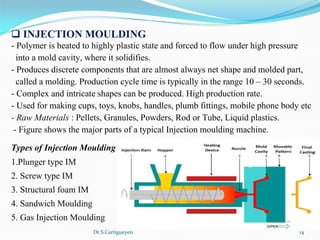 Dr.S.Cartigueyen 14
q INJECTION MOULDING
- Polymer is heated to highly plastic state and forced to flow under high pressure
  into a mold cavity, where it solidifies.
- Produces discrete components that are almost always net shape and molded part, 
  called a molding. Production cycle time is typically in the range 10 – 30 seconds.
- Complex and intricate shapes can be produced. High production rate. 
- Used for making cups, toys, knobs, handles, plumb fittings, mobile phone body etc
- Raw Materials : Pellets, Granules, Powders, Rod or Tube, Liquid plastics.
 - Figure shows the major parts of a typical Injection moulding machine.
Types of Injection Moulding
1.Plunger type IM   
2. Screw type IM  
3. Structural foam IM
4. Sandwich Moulding  
5. Gas Injection Moulding
 