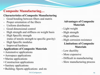 Dr.S.Cartigueyen 29
Composite Manufacturing… 
Characteristics of Composite Manufacturing
- Good bonding between fibers and matrix 
- Proper orientation of the fibers 
- Uniform distribution 
- Good dimensional control
- High strength and stiffness on weight basis
- High Specific strength 
     (ratio of tensile strength to specific gravity)
- High Specific modulus
- Improved hardness
Applications of Composite Materials 
• Automotive applications 
• Aerospace applications 
• Marine applications 
• Construction applications 
• Sanitary applications 
• Building /Sports applications  and etc
Advantages of Composite 
Materials 
- Light weight 
- High strength 
- High stiffness 
- High corrosion resistance
Limitations of Composite 
Materials
- Low ductility 
- More expensive 
- Difficult in manufacturing 
- Slow manufacturing process
 