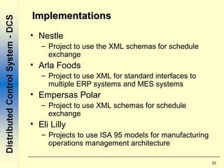 23
ImplementationsImplementations
• Nestle
– Project to use the XML schemas for schedule
exchange
• Arla Foods
– Project to use XML for standard interfaces to
multiple ERP systems and MES systems
• Empersas Polar
– Project to use XML schemas for schedule
exchange
• Eli Lilly
– Projects to use ISA 95 models for manufacturing
operations management architecture
 