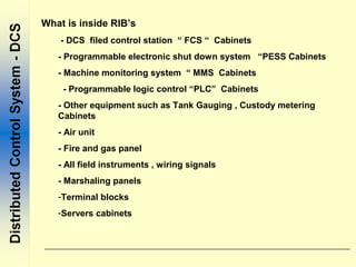 - DCS filed control station “ FCS “ Cabinets
- Programmable electronic shut down system “PESS Cabinets
- Machine monitoring system “ MMS Cabinets
- Programmable logic control “PLC” Cabinets
- Other equipment such as Tank Gauging , Custody metering
Cabinets
- Air unit
- Fire and gas panel
- All field instruments , wiring signals
- Marshaling panels
-Terminal blocks
-Servers cabinets
What is inside RIB’s
 