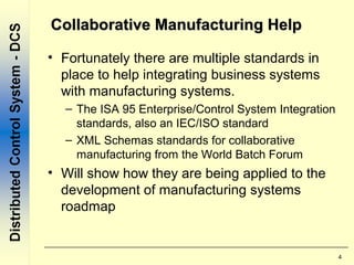 4
Collaborative Manufacturing HelpCollaborative Manufacturing Help
• Fortunately there are multiple standards in
place to help integrating business systems
with manufacturing systems.
– The ISA 95 Enterprise/Control System Integration
standards, also an IEC/ISO standard
– XML Schemas standards for collaborative
manufacturing from the World Batch Forum
• Will show how they are being applied to the
development of manufacturing systems
roadmap
 