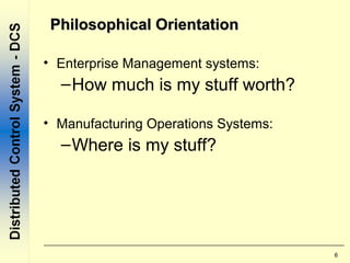 6
Philosophical OrientationPhilosophical Orientation
• Enterprise Management systems:
–How much is my stuff worth?
• Manufacturing Operations Systems:
–Where is my stuff?
 