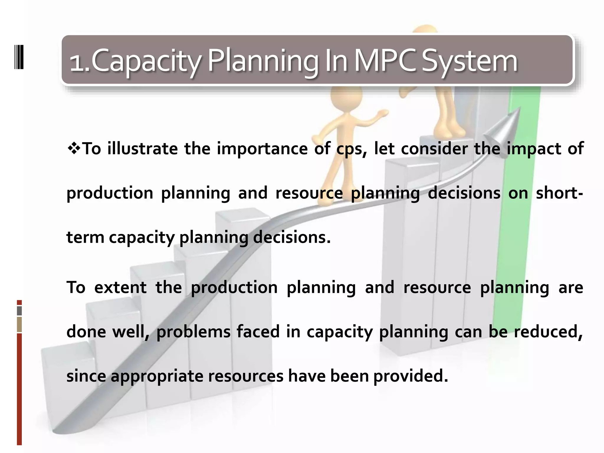 1.CapacityPlanningInMPCSystem
To illustrate the importance of cps, let consider the impact of
production planning and resource planning decisions on short-
term capacity planning decisions.
To extent the production planning and resource planning are
done well, problems faced in capacity planning can be reduced,
since appropriate resources have been provided.
 