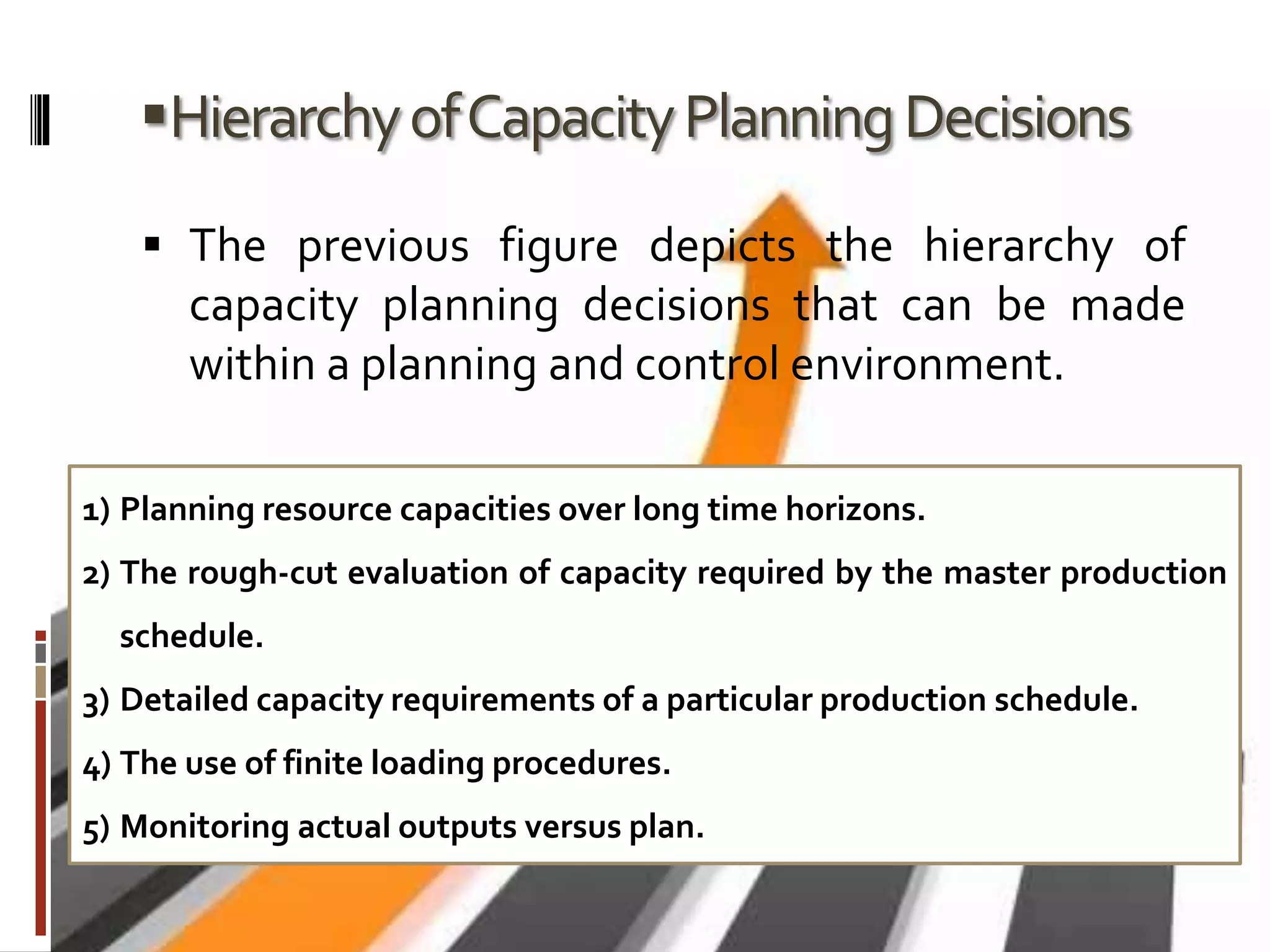 HierarchyofCapacityPlanningDecisions
 The previous figure depicts the hierarchy of
capacity planning decisions that can be made
within a planning and control environment.
1) Planning resource capacities over long time horizons.
2) The rough-cut evaluation of capacity required by the master production
schedule.
3) Detailed capacity requirements of a particular production schedule.
4) The use of finite loading procedures.
5) Monitoring actual outputs versus plan.
 