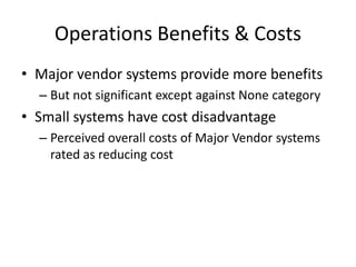 Operations Benefits & Costs
• Major vendor systems provide more benefits
  – But not significant except against None category
• Small systems have cost disadvantage
  – Perceived overall costs of Major Vendor systems
    rated as reducing cost
 