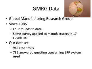 GMRG Data
• Global Manufacturing Research Group
• Since 1985
  – Four rounds to date
  – Same survey applied to manufacturers in 17
    countries
• Our dataset
  – 964 responses
  – 736 answered question concerning ERP system
    used
 