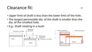 Clearance fit:
• Upper limit of shaft is less than the lower limit of the hole.
• The largest permissible dia. of the shaft is smaller than the
dia. of the smallest hole.
• E.g.: Shaft rotating in a bush
10
 