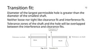 Transition fit:
Diameter of the largest permissible hole is greater than the
diameter of the smallest shaft.
Neither loose nor tight like clearance fit and interference fit.
Tolerance zones of the shaft and the hole will be overlapped
between the interference and clearance fits.
12
 