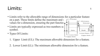Limits:
• Limits refer to the allowable range of dimensions for a particular feature
on a part. These limits define the maximum and minimum acceptable
values for a dimension, ensuring the part functions as intended.
• Limits are typically expressed as two numbers separated by a tolerance
symbol.
• Types Of Limits:
1. Upper Limit (UL): The maximum allowable dimension for a feature.
2. Lower Limit (LL): The minimum allowable dimension for a feature.
5
 