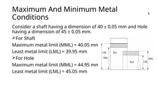 Maximum And Minimum Metal
Conditions
Consider a shaft having a dimension of 40 ± 0.05 mm and Hole
having a dimension of 45 ± 0.05 mm.
For Shaft
Maximum metal limit (MML) = 40.05 mm
Least metal limit (LML) = 39.95 mm
For Hole
Maximum metal limit (MML) = 44.95 mm
Least metal limit (LML) = 45.05 mm
6
 