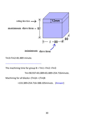 30
𝑇𝑚1 = (
120.609
0.8 ∗ 79.577
) ∗ (
4
1
) ∗ 6 ∗ 1
𝑇𝑚1 = 45.468 𝑚𝑖𝑛𝑢𝑡𝑒
…………………………………………………………..
‫كاتێك‬‫ئێمە‬block‫ه‬‫كان‬‫ده‬‫بڕین‬،‫ده‬‫بێت‬maximum dimension‫بكە‬‫ین‬‫بە‬‫بە‬‫رزی‬‫بۆ‬block‫ه‬‫كە‬
‫وه‬minimum dimension‫دابنێین‬‫بە‬‫درێژی‬block‫ه‬‫كە‬.‫وه‬‫ك‬‫ئە‬‫م‬‫ڕه‬‫سمە‬‫ی‬‫الی‬‫خواره‬‫وه‬:
𝑀𝑎𝑥𝑖𝑚𝑢𝑚 𝑑𝑖𝑚𝑒𝑛𝑠𝑖𝑜𝑛 = 𝑏𝑙𝑜𝑐𝑘 ℎ𝑒𝑖𝑔ℎ𝑡 = 92𝑚𝑚
𝑀𝑖𝑛𝑖𝑚𝑢𝑚 𝑑𝑖𝑚𝑒𝑛𝑠𝑖𝑜𝑛 = 𝑏𝑙𝑜𝑐𝑘 𝑙𝑒𝑛𝑔𝑡ℎ = 𝑙 = 88𝑚𝑚
∴ 𝑤𝑖𝑑𝑡ℎ 𝑜𝑓 𝑡ℎ𝑒 𝑏𝑙𝑜𝑐𝑘 = W = 92mm
ℎ = √ 𝑡( 𝐷 − 𝑡)
ℎ2 = √1(160 − 1)
ℎ2 = 12.609 𝑚𝑚
 