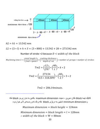 33
ℎ = √ 𝑡( 𝐷 − 𝑡)
ℎ1 = √1(160 − 1)
ℎ1 = 12.609 𝑚𝑚
𝑡𝑜𝑡𝑎𝑙 𝑙𝑒𝑛𝑔𝑡ℎ = 𝐿1 = 𝑙 + ℎ + 𝑠 = 92 + 12.609 + 16 = 120.609 𝑚𝑚
Number of stroke =1 because 𝐷 ≥ 𝑤𝑖𝑑𝑡ℎ 𝑜𝑓 𝑡ℎ𝑒 𝑏𝑙𝑜𝑐𝑘
𝑀𝑎𝑐ℎ𝑖𝑛𝑖𝑛𝑔 𝑡𝑖𝑚𝑒1
= (
𝑡𝑜𝑡𝑎𝑙 𝑙𝑒𝑛𝑔𝑡ℎ 1
𝑓𝑒𝑒𝑑 ∗ 𝑠𝑝𝑒𝑒𝑑
) ∗ (
𝑐𝑢𝑡𝑡𝑖𝑛𝑔 𝑡ℎ𝑖𝑐𝑘𝑛𝑒𝑠𝑠
𝑑𝑒𝑝𝑡ℎ 𝑜𝑓 𝑐𝑢𝑡
) ∗ 𝑛𝑢𝑚𝑏𝑒𝑟 𝑜𝑓 𝑏𝑙𝑜𝑐𝑘𝑠
∗ 𝑛𝑢𝑚𝑏𝑒𝑟 𝑜𝑓 𝑠𝑡𝑟𝑜𝑘𝑒𝑠
𝑇𝑚1 = (
𝐿1
𝑓𝑁
) ∗ (
12
𝑡
) ∗ 𝑘 ∗ 1
𝑇𝑚1 = (
120.609
0.8 ∗ 79.577
) ∗ (
12
1
) ∗ 4 ∗ 1
𝑇𝑚1 = 90.937 𝑚𝑖𝑛𝑢𝑡𝑒 .
 