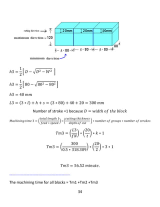 34
…………………………………………………………..
‫كاتێك‬‫ئێمە‬block‫ه‬‫كان‬‫ده‬‫بڕین‬،‫ده‬‫بێت‬maximum dimension‫بكە‬‫ین‬‫بە‬‫بە‬‫رزی‬‫بۆ‬block‫ه‬‫كە‬
‫وه‬minimum dimension‫دابنێین‬‫بە‬‫درێژی‬block‫ه‬‫كە‬.‫وه‬‫ك‬‫ئە‬‫م‬‫ڕه‬‫سمە‬‫ی‬‫الی‬‫خواره‬‫وه‬:
𝑀𝑎𝑥𝑖𝑚𝑢𝑚 𝑑𝑖𝑚𝑒𝑛𝑠𝑖𝑜𝑛 = 𝑏𝑙𝑜𝑐𝑘 ℎ𝑒𝑖𝑔ℎ𝑡 = 92𝑚𝑚
𝑀𝑖𝑛𝑖𝑚𝑢𝑚 𝑑𝑖𝑚𝑒𝑛𝑠𝑖𝑜𝑛 = 𝑏𝑙𝑜𝑐𝑘 𝑙𝑒𝑛𝑔𝑡ℎ = 𝑙 = 80𝑚𝑚
∴ 𝑤𝑖𝑑𝑡ℎ 𝑜𝑓 𝑡ℎ𝑒 𝑏𝑙𝑜𝑐𝑘 = W = 92mm
ℎ = √ 𝑡( 𝐷 − 𝑡)
ℎ2 = √1(160 − 1)
ℎ2 = 12.609 𝑚𝑚
𝑡𝑜𝑡𝑎𝑙 𝑙𝑒𝑛𝑔𝑡ℎ = 𝐿1 = 𝑙 + ℎ + 𝑠 = 80 + 12.609 + 16 = 108.609 𝑚𝑚
Number of stroke =1 because 𝐷 ≥ 𝑤𝑖𝑑𝑡ℎ 𝑜𝑓 𝑡ℎ𝑒 𝑏𝑙𝑜𝑐𝑘
 