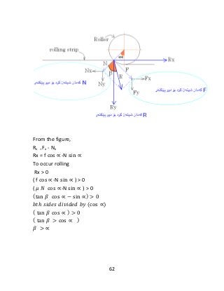 62
From the figure,
Rx = Fx - Nx
Rx = f cos ∝-N sin ∝
To occur rolling
Rx > 0
( f cos ∝-N sin ∝ ) > 0
( 𝜇 𝑁 cos ∝-N sin ∝ ) > 0
(tan 𝛽 cos ∝ − sin ∝) > 0
𝑏𝑡ℎ 𝑠𝑖𝑑𝑒𝑠 𝑑𝑖𝑣𝑖𝑑𝑒𝑑 𝑏𝑦 (cos ∝)
( tan 𝛽 cos ∝ ) > 0
( tan 𝛽 > cos ∝ )
𝛽 > ∝
 