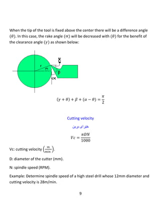 9
Correct values of ∝ 𝑎𝑛𝑑 𝛾
‫نرخی‬‫ڕێكی‬‫گۆشە‬‫كان‬
Question: What happen when the tip of the tool will be fixed below or above the
level of the center of the work piece?
Answer: For having correct values to the rake angle(𝛾) and the clearance angle (∝
), the tip of the tool must be fixed at the level of the center of the work piece as
shown below:
:‫پرسيار‬‫چى‬‫ڕوو‬‫دەدات‬‫كاتێك‬‫سەرەنوكى‬‫ئامرازەكە‬‫لەخوار‬‫یان‬‫لە‬‫سەرو‬‫ئاستى‬‫چەقی‬‫پارچەى‬‫كار‬‫ەکە‬‫وە‬
‫دابنرێت‬‫؟‬
:‫وەاڵم‬‫بە‬‫بونی‬‫بەهاى‬‫ڕاست‬‫بۆ‬‫گۆشەكەى‬‫ڕاماڵ‬( γ )‫و‬‫گۆشەى‬‫پاك‬‫كردنەوە‬(∝)،‫سەرەنوكى‬
‫ئامرازەكە‬‫دەبێت‬‫جێگیر‬‫بكرێت‬‫لە‬‫ئاستى‬‫چەق‬‫ى‬‫پارچەى‬‫كار‬‫ەکە‬‫هەروەك‬‫لەخوارەوە‬‫نیشان‬‫دەدات‬:
When the tip of the tool is fixed
below the center there will be a
difference angle (𝜃) because
the tip is under the center with
a distance (h). In this case, the
rake angle (𝛾) will be decreased
with (𝜃) for the benefit of the clearance angle (∝) as shown below:
‫كاتێك‬‫سەرەنوكى‬‫ئامرازەكە‬‫لەخوار‬‫چەقەکە‬‫جێگیر‬‫کرابێت‬‫لەوێ‬‫دا‬‫گۆشە‬‫یەکی‬‫جیاواز‬‫دروست‬
‫دەبێت‬) θ (‫چونكە‬‫سەرەنوكەكە‬‫لەژێر‬‫چەقەکەدایە‬‫بە‬‫مەودای‬(h).‫لەم‬‫حالەت‬‫دا‬،‫گۆشە‬‫ڕاماڵەکە‬
( γ )‫كەم‬‫دە‬‫ب‬‫ێتەوە‬‫بە‬‫بڕی‬( θ )‫بە‬‫سوودى‬‫گۆشەى‬‫پاك‬‫كردنەوە‬( ∝ )‫هەروەك‬‫لەخوارەوە‬‫نیشان‬
‫دەدات‬:
 
